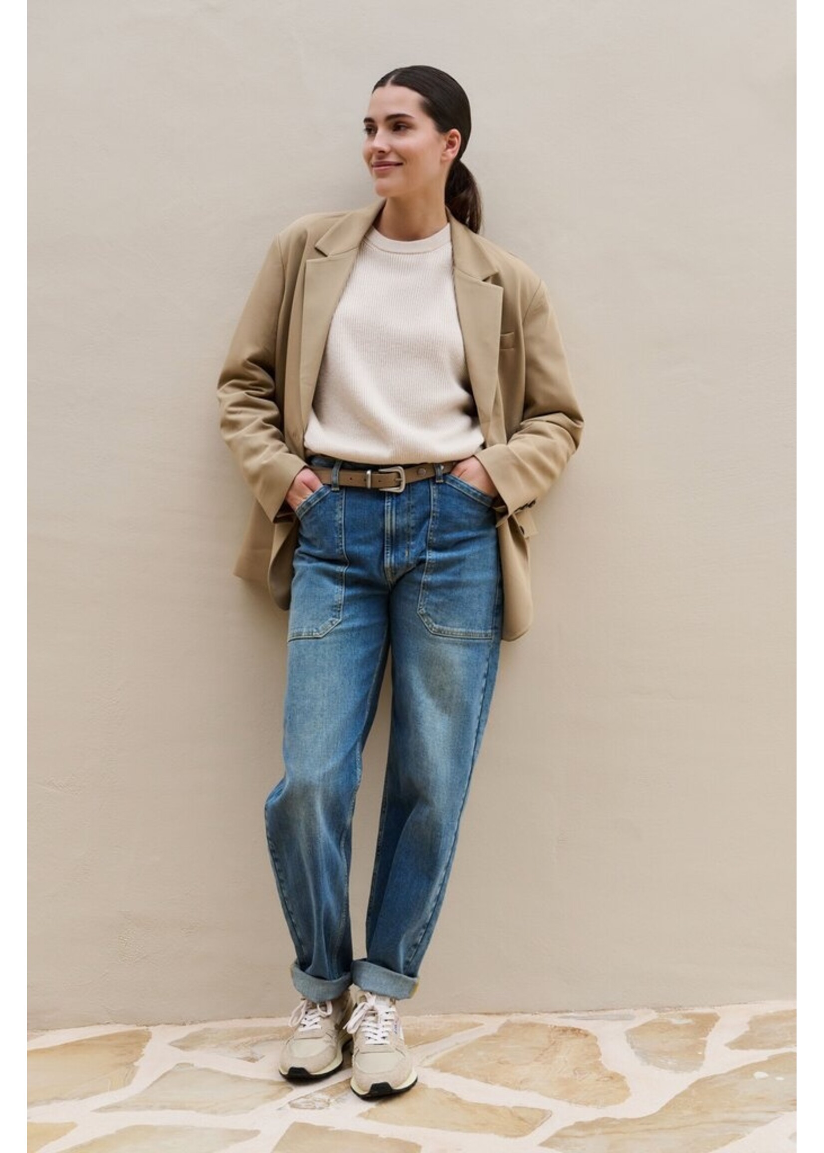 Yaya Yaya, Denim cargobroek met laag kruis en wijde pijpen, Blue denim, Size: