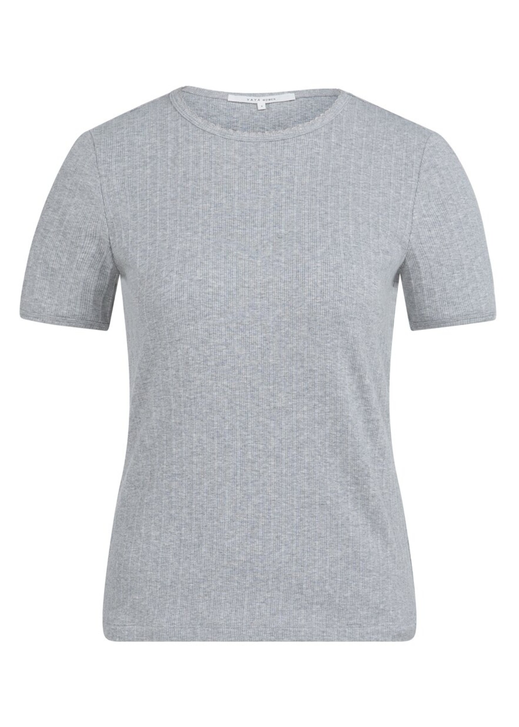 Yaya Yaya, Geribd T-shirt met subtiel halsdetail, Medium grey melange, Size: