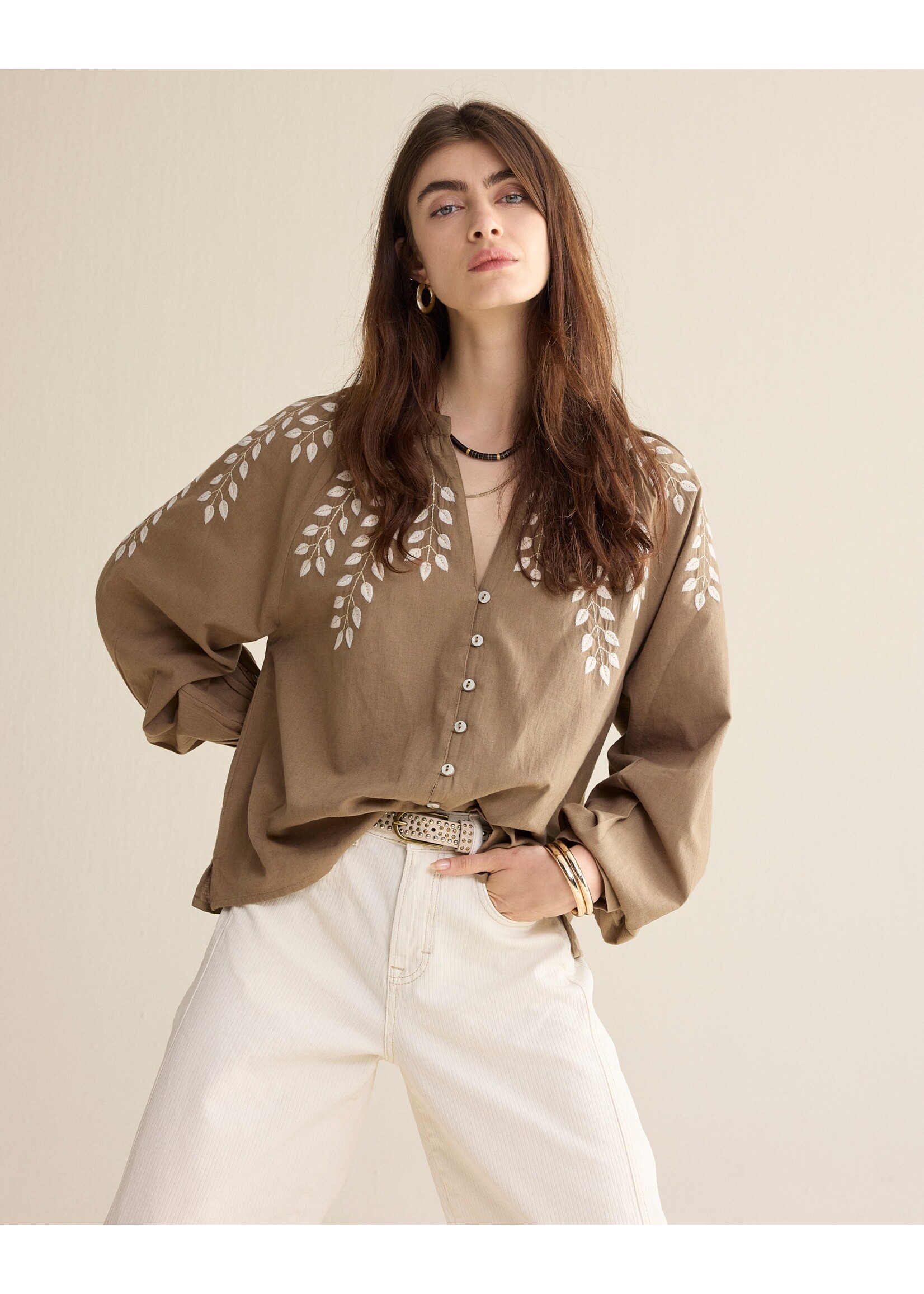 Summum Summum, Blouse Cotton branches, Khaki, Size: