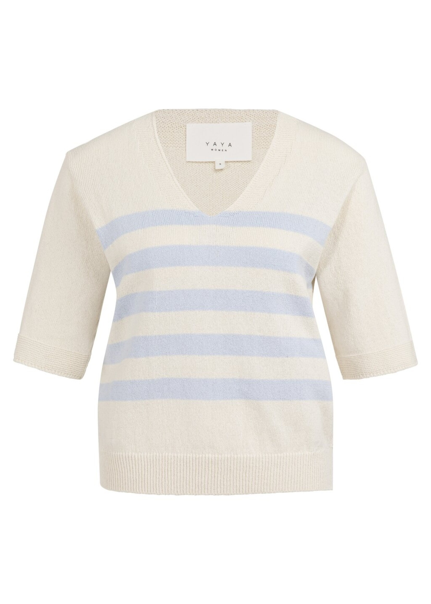Yaya Yaya, Gebreide trui met V-hals en lichtblauwe strepen, Ice blue dessin, Size: