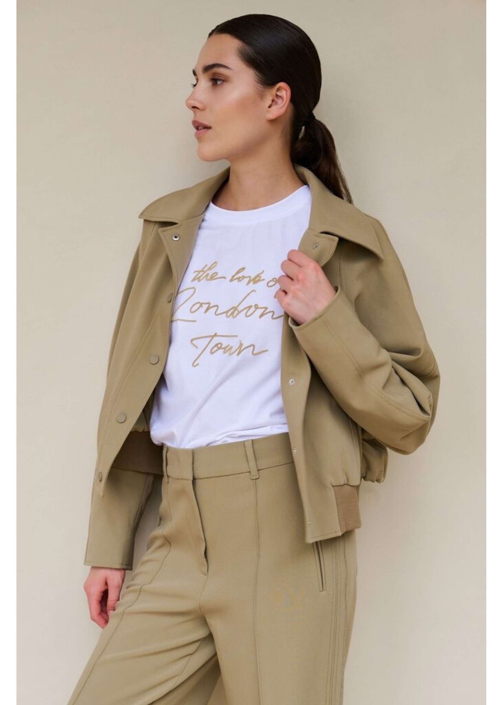 Yaya Yaya, kort oversized jasje met ribboord en verstelbaar koord, Khaki, Size: