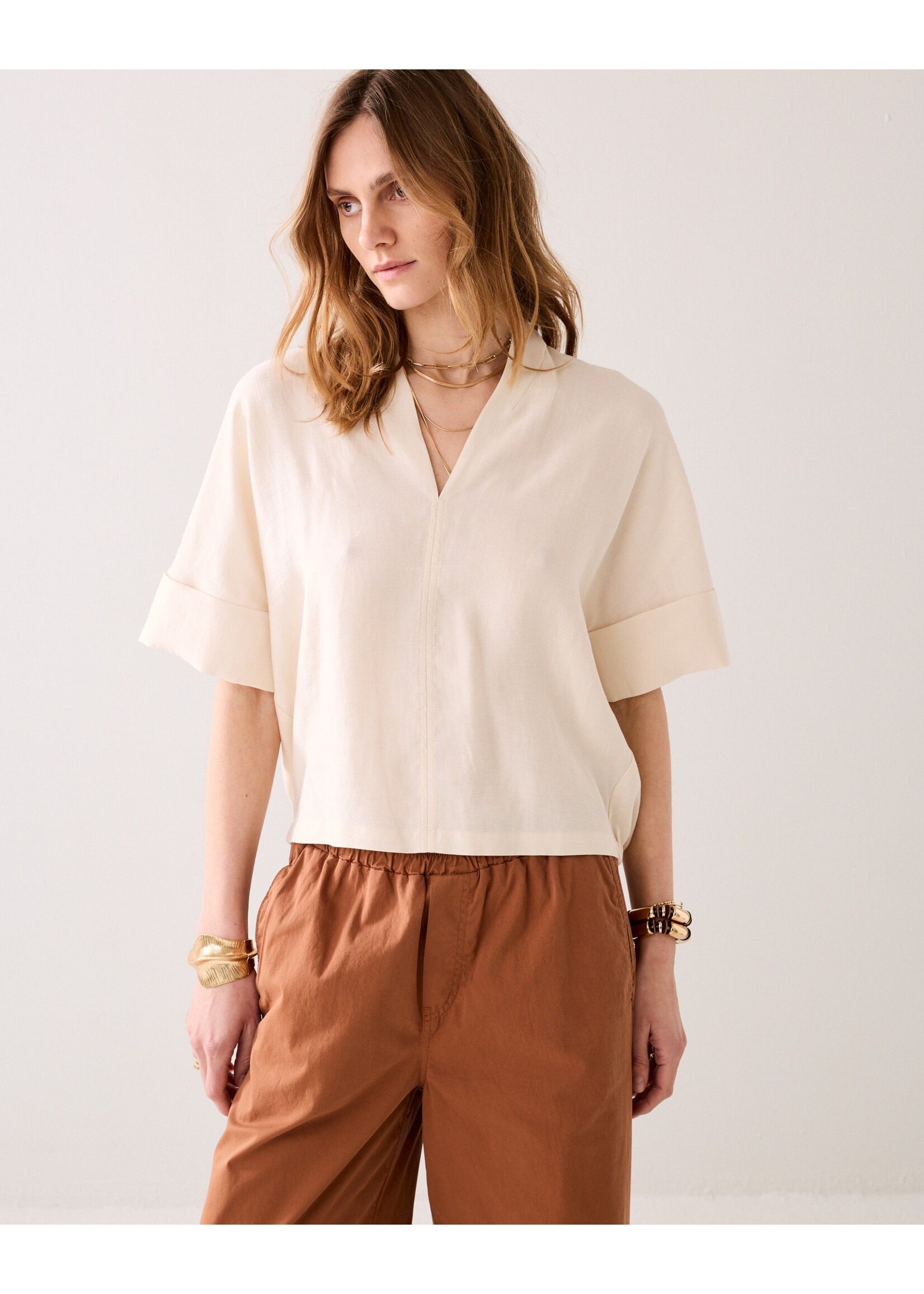 Summum Summum, Top short sleeves Modal linen blend, Ivory, Size: