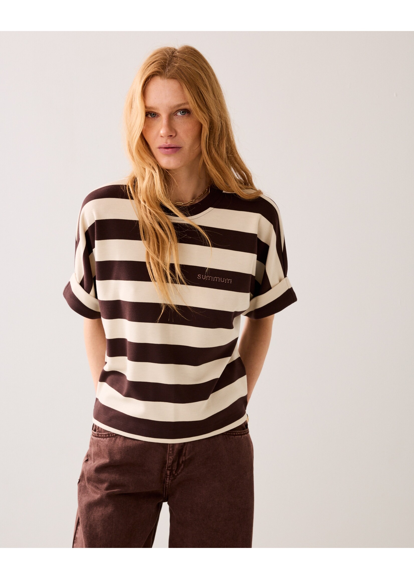 Summum Summum, Top Big stripe heavy jersey, Coffee, Size: