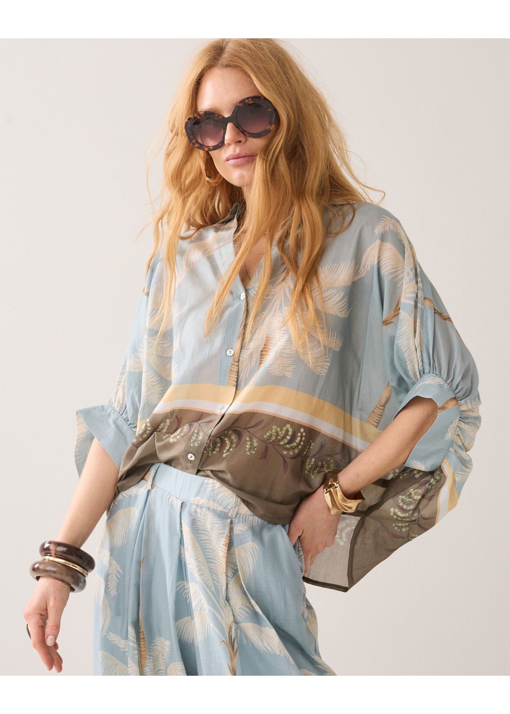 Summum Summum, Blouse Palmtree print, Glacier blue, Size: