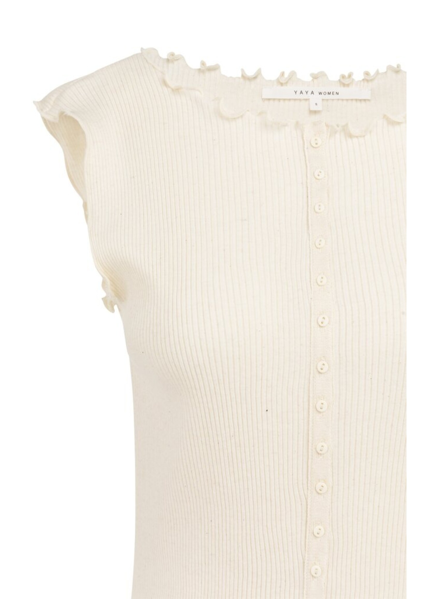 Yaya Yaya, Geribde top met rucheboorden, Creme beige melange, Size: