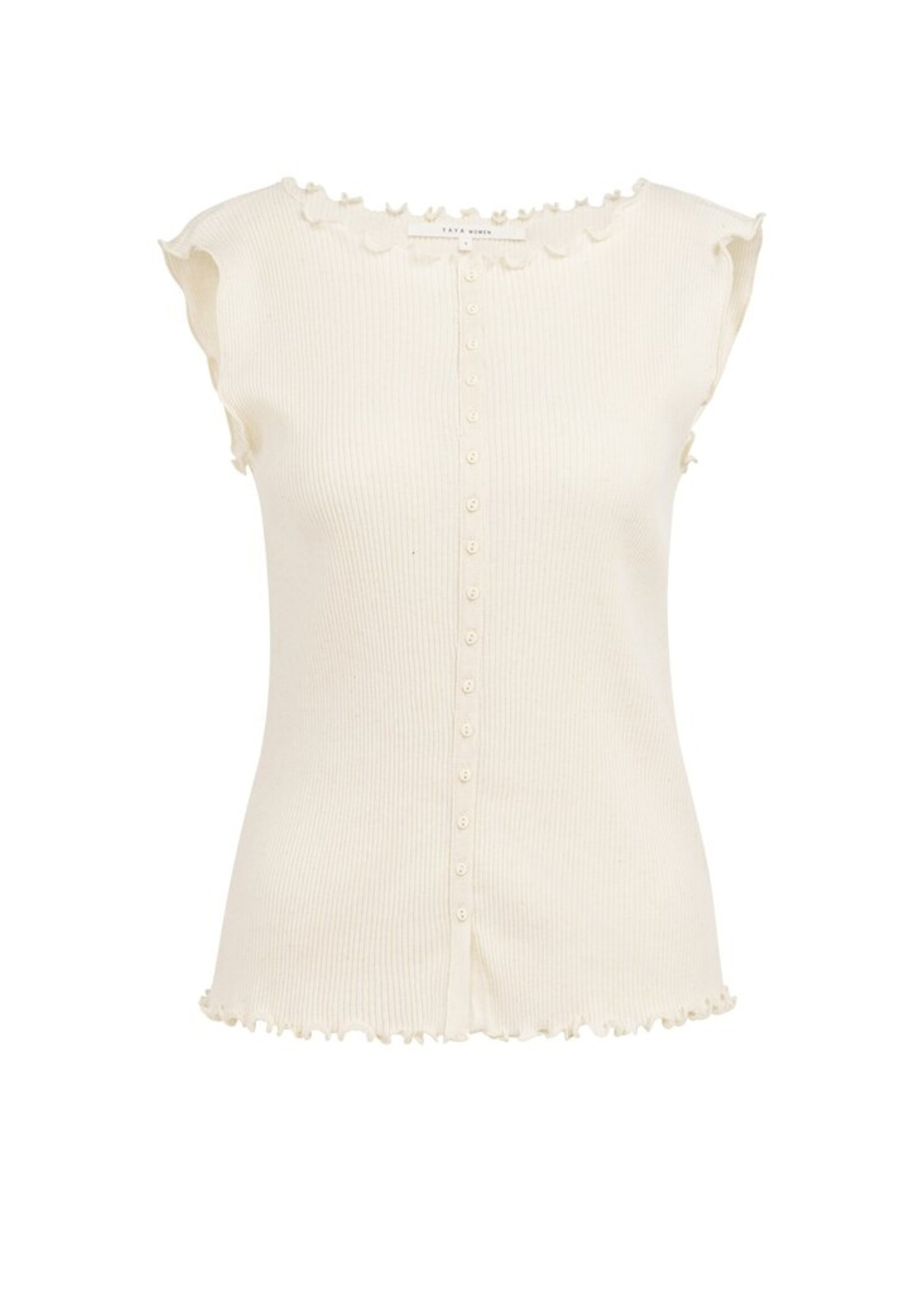 Yaya Yaya, Geribde top met rucheboorden, Creme beige melange, Size:
