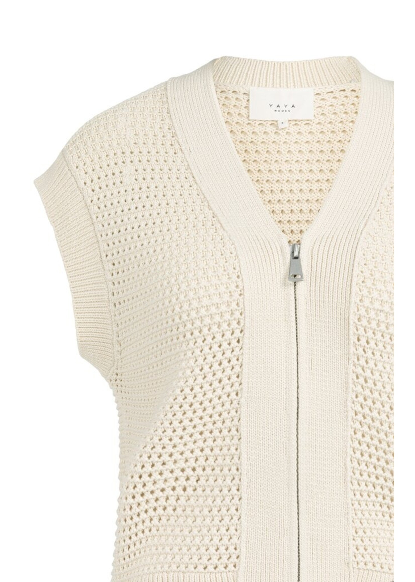 Yaya Yaya, Mouwloos grofgebreid vest met rits en opengewerkt patroon, Creme beige, Size: