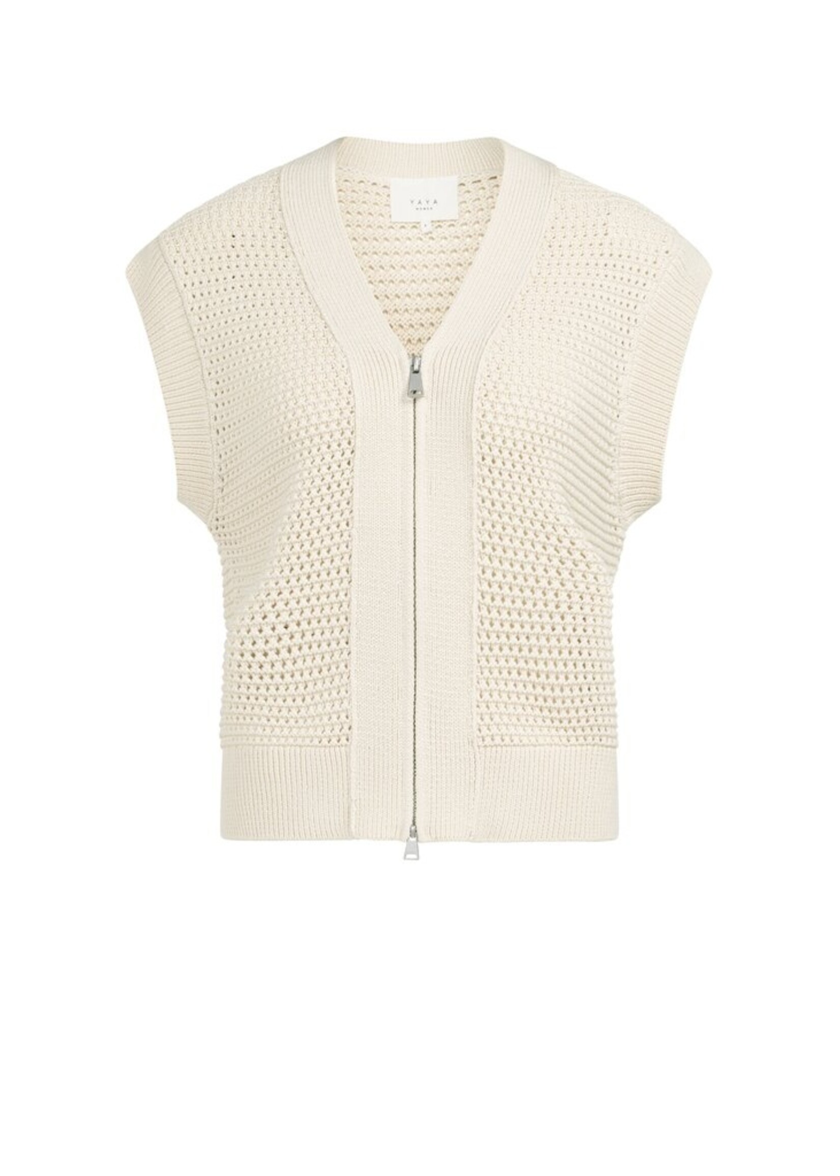 Yaya Yaya, Mouwloos grofgebreid vest met rits en opengewerkt patroon, Creme beige, Size: