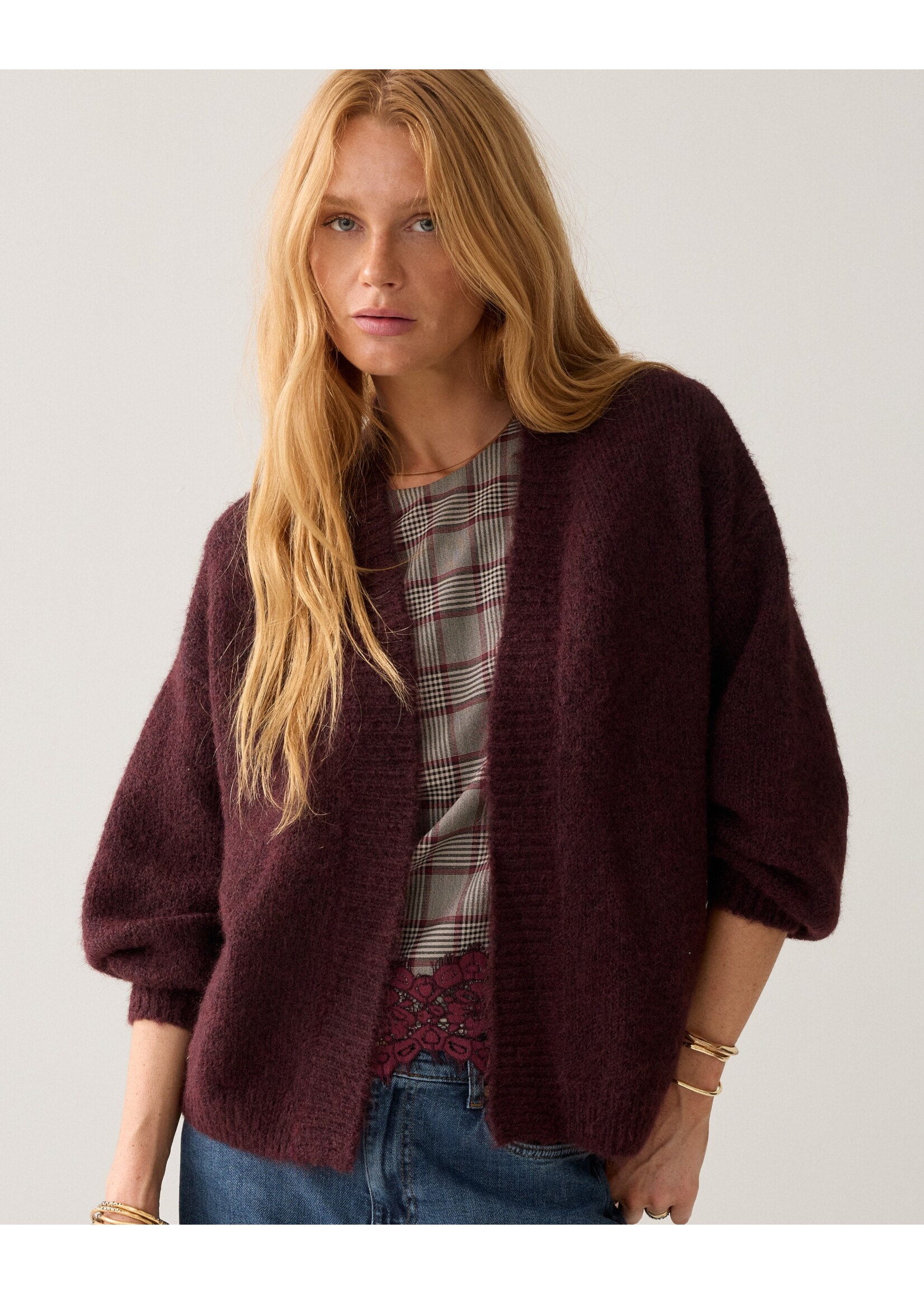 Summum Summum, Puff sleeve cardigan, Dark burgundy, Size: