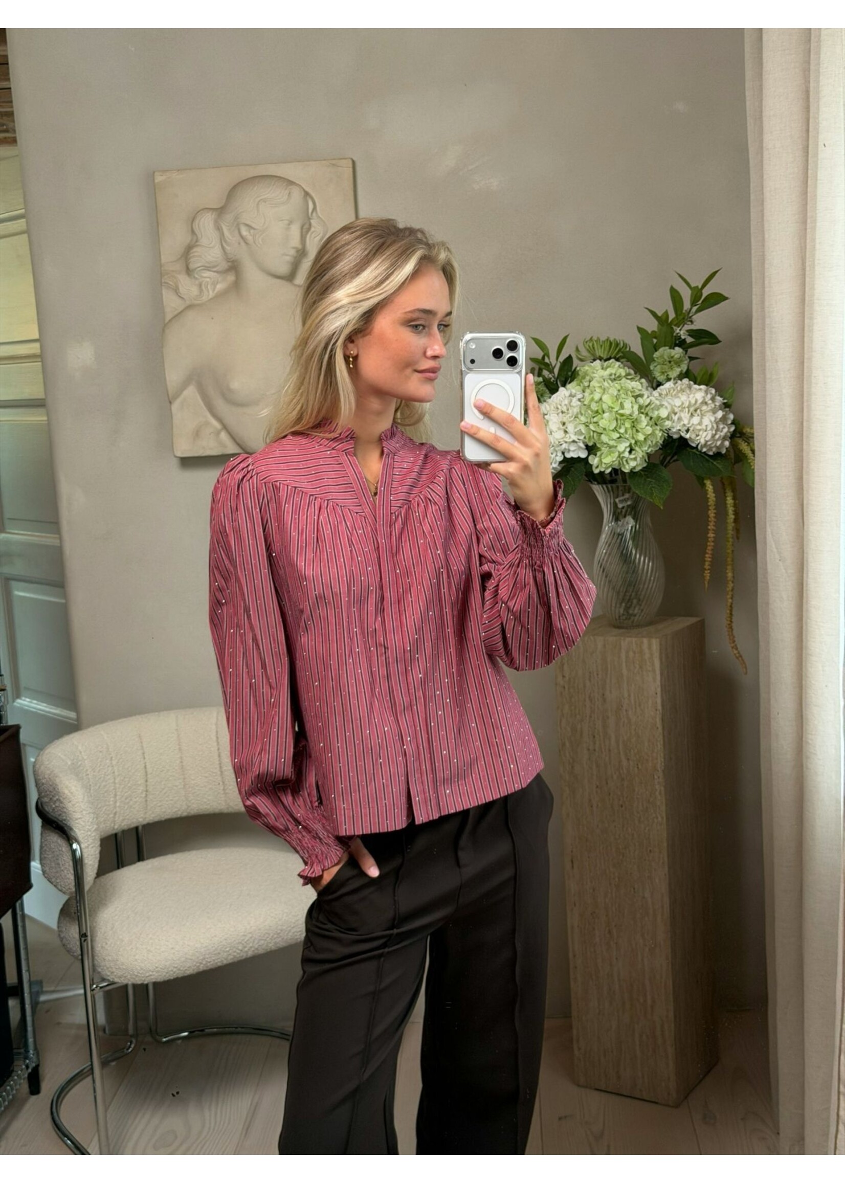 Neo Noir Neo Noir, Astrida Soft Stripe Stone Blouse, Dark Rose, Size: