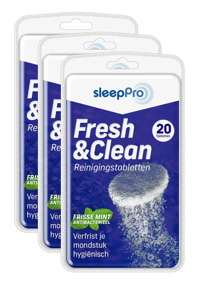 SleepPro Fresh & Clean Reinigingstabletten Snurkbeugel, Knarsbitje en Sportbitje - 20 stuks SleepPro Fresh & Clean Reinigingstabletten Snurkbeugel, Knarsbitje en Sportbitje - 20 stuks