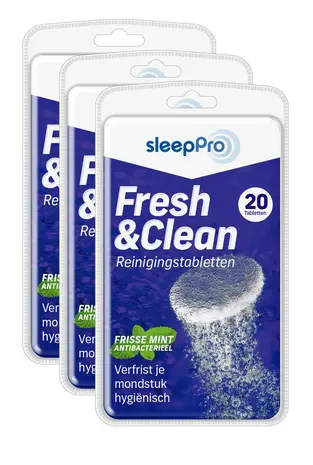 SleepPro Fresh & Clean Reinigingstabletten Snurkbeugel, Knarsbitje en Sportbitje - 20 stuks SleepPro Fresh & Clean Reinigingstabletten Snurkbeugel, Knarsbitje en Sportbitje - 20 stuks