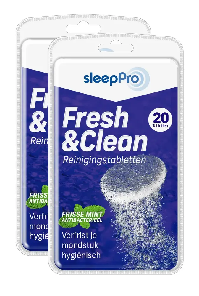 SleepPro Fresh & Clean Reinigingstabletten Snurkbeugel, Knarsbitje en Sportbitje - 20 stuks SleepPro Fresh & Clean Reinigingstabletten Snurkbeugel, Knarsbitje en Sportbitje - 20 stuks