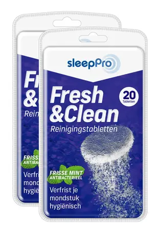 SleepPro Fresh & Clean Reinigingstabletten Snurkbeugel, Knarsbitje en Sportbitje - 20 stuks SleepPro Fresh & Clean Reinigingstabletten Snurkbeugel, Knarsbitje en Sportbitje - 20 stuks