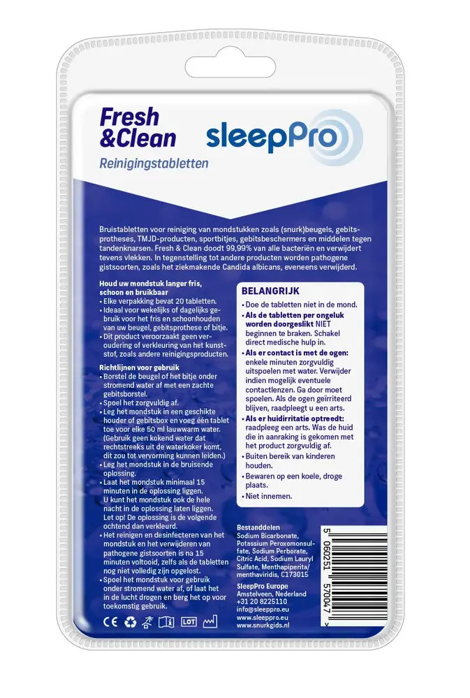 SleepPro Fresh & Clean Reinigingstabletten Snurkbeugel, Knarsbitje en Sportbitje - 20 stuks SleepPro Fresh & Clean Reinigingstabletten Snurkbeugel, Knarsbitje en Sportbitje - 20 stuks