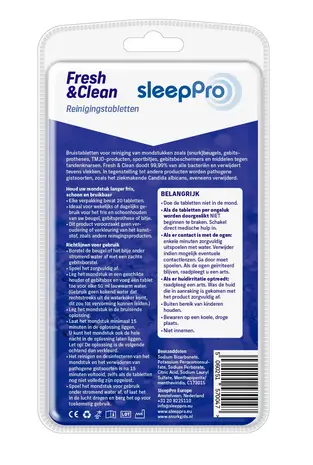 SleepPro Fresh & Clean Reinigingstabletten Snurkbeugel, Knarsbitje en Sportbitje - 20 stuks SleepPro Fresh & Clean Reinigingstabletten Snurkbeugel, Knarsbitje en Sportbitje - 20 stuks