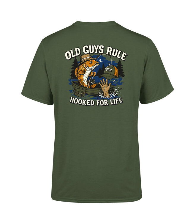 Old Guys Rule  t-shirt HOOKED FOR LIFE military green