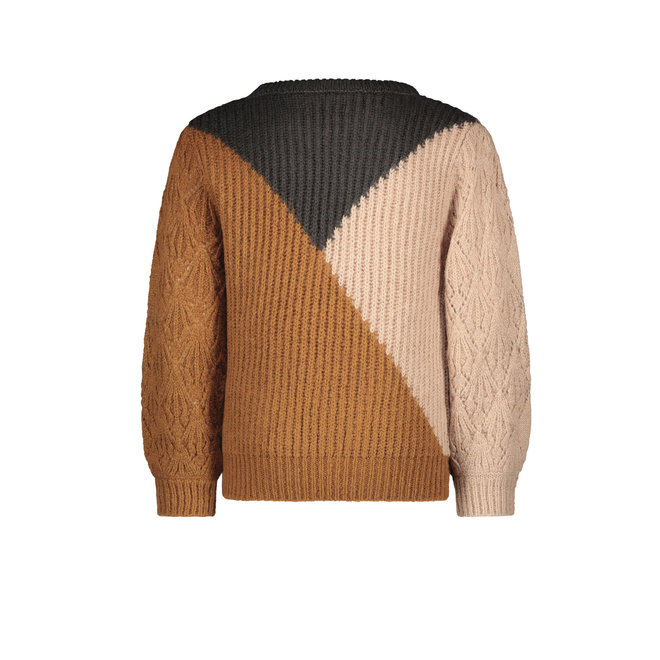 Like Flo Girls Knit Sweater Colourblock Ajour Sleeve Chestnut