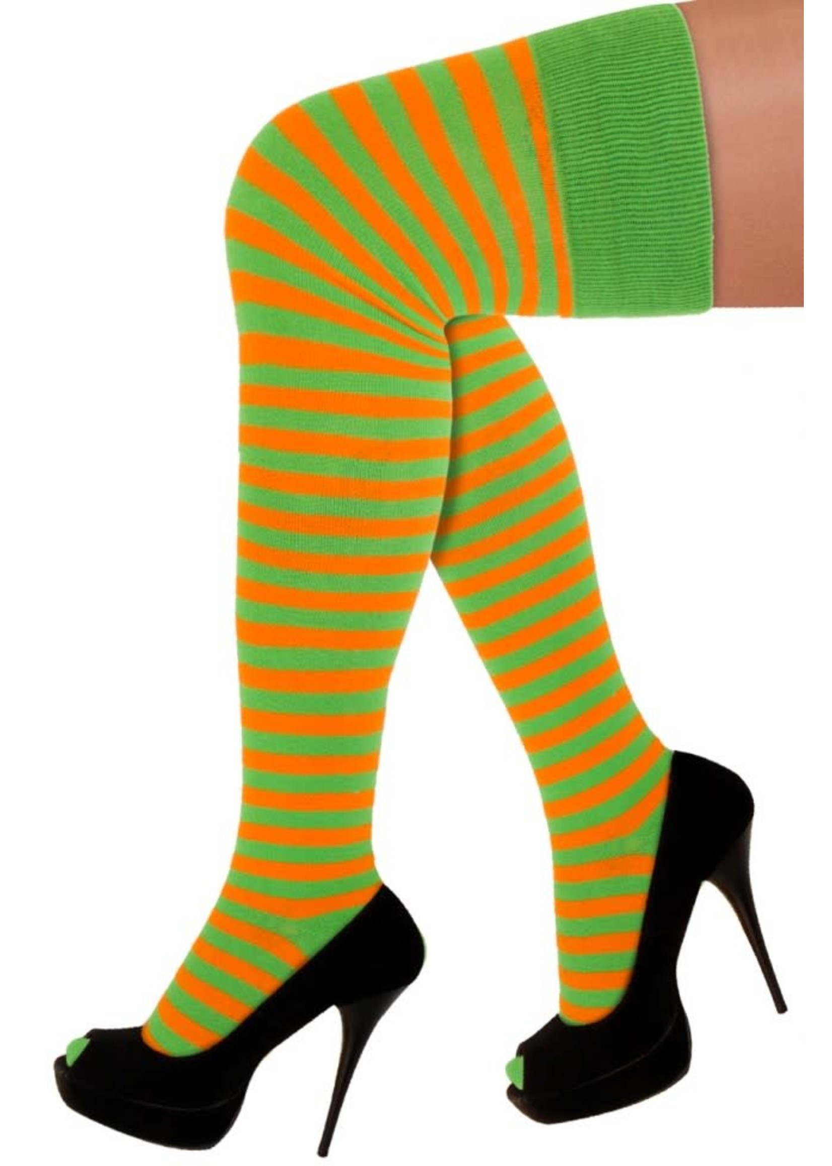 Feestkleding Breda Lange sokken oranje/groen gestreept maat 36-42