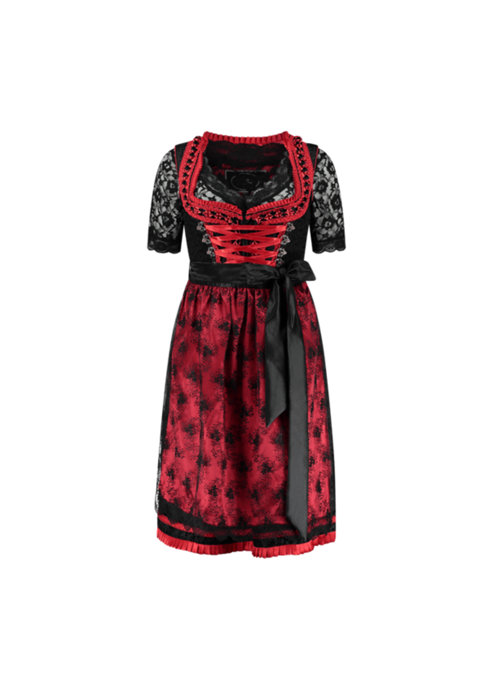 Feestkleding Breda Dirndl Schwarze Spitzenschurze mit Satin rot