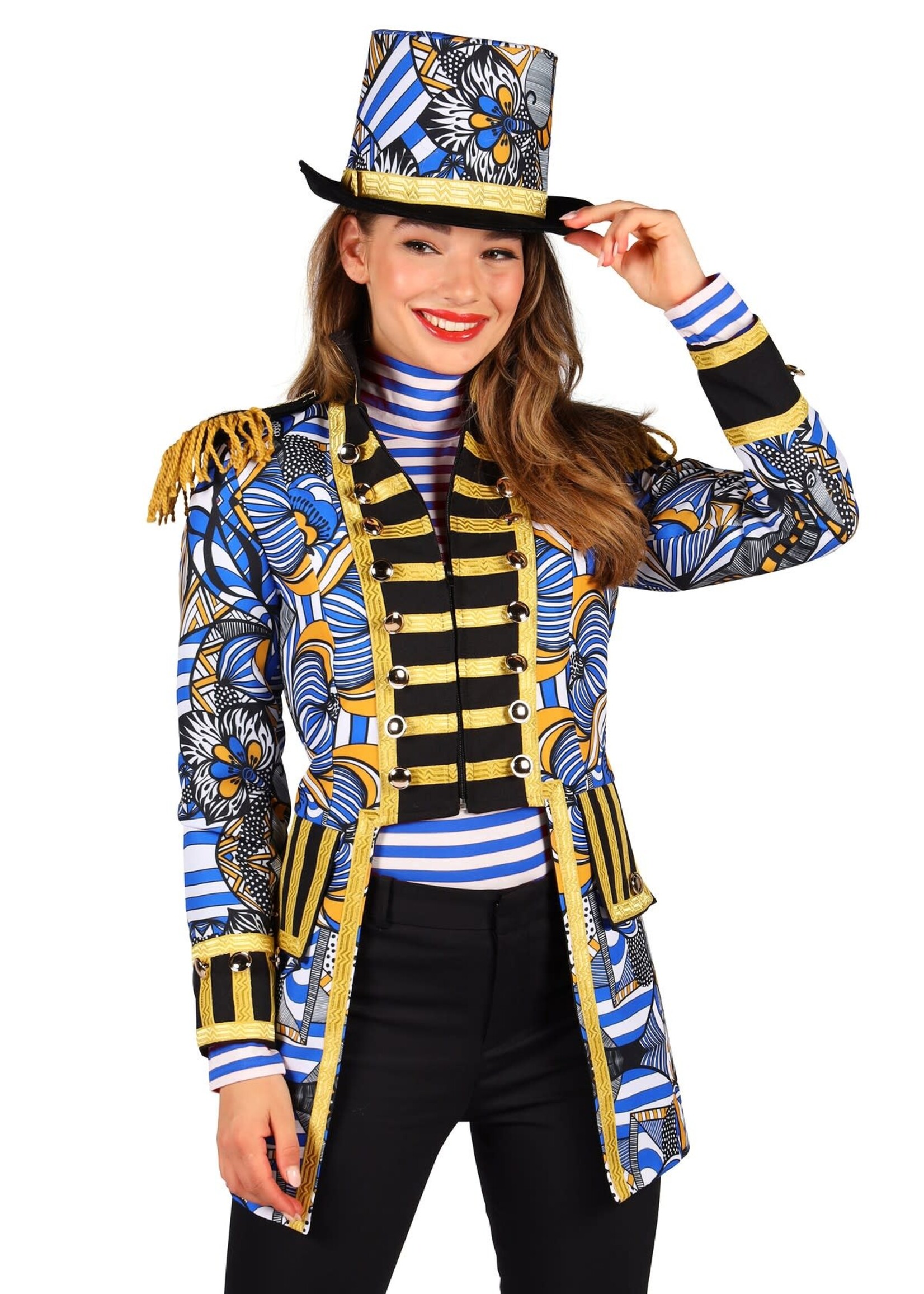 Feestkleding Breda Damesjas African Look Blauw-Wit