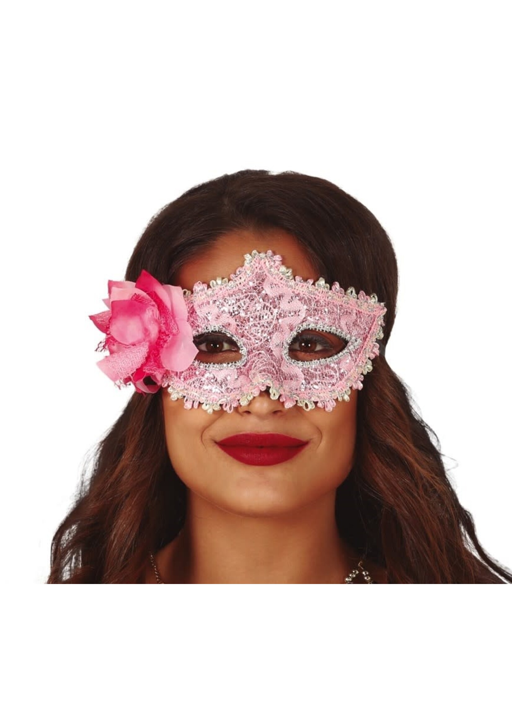 Feestkleding Breda Oog masker roze met bloem