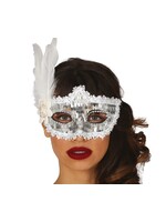 Fiestas Guirca Zilveren oogmasker met veer