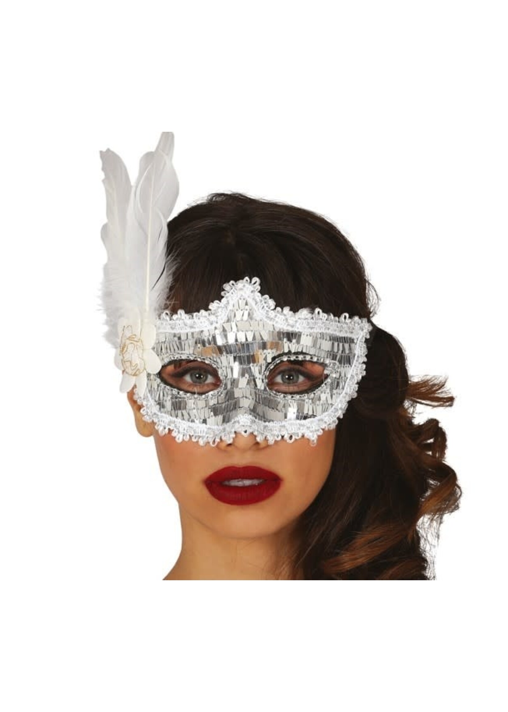 Fiestas Guirca Zilveren oogmasker met veer