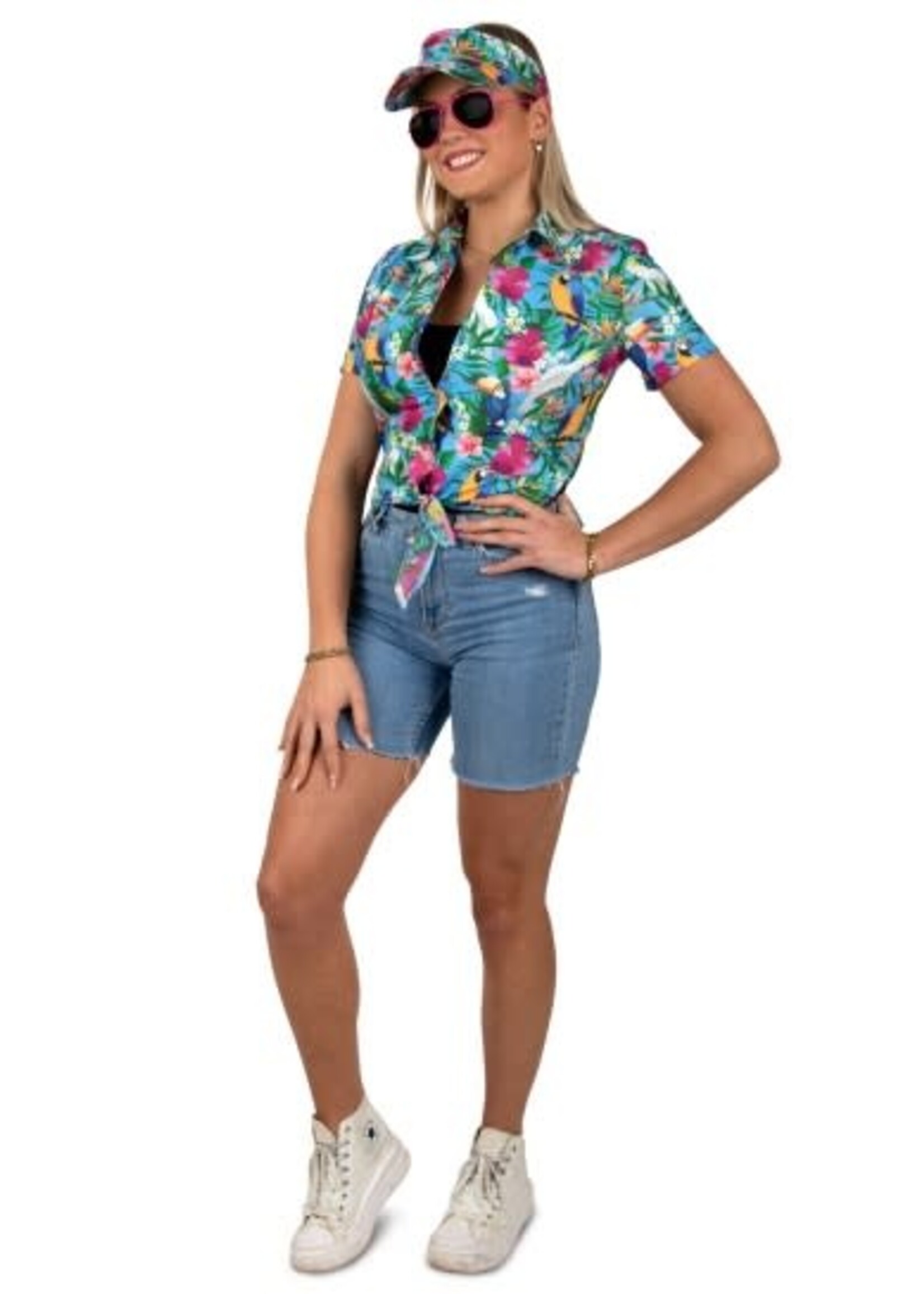 Feestkleding Breda Hawaii knoop blouse met zonneklep blauw