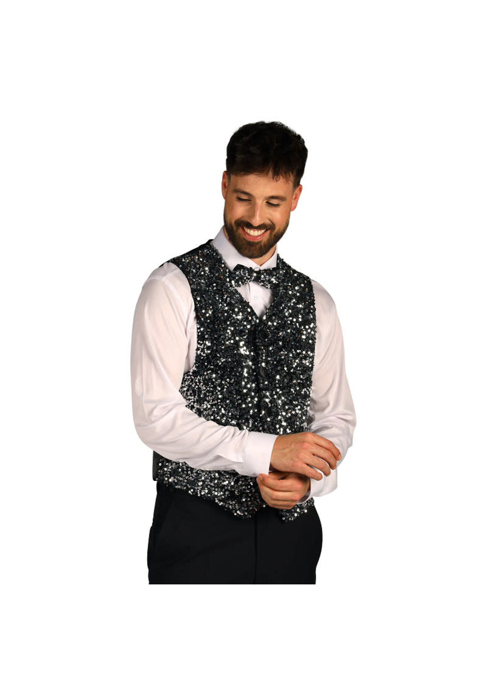 Feestkleding Breda Heren paillettenvest "West End" Zilver-Zwart