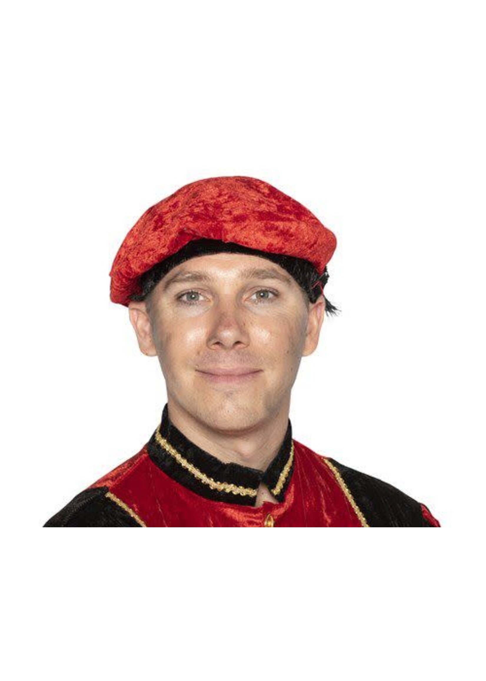 Feestkleding Breda Pietbaret velour met struisveer rood
