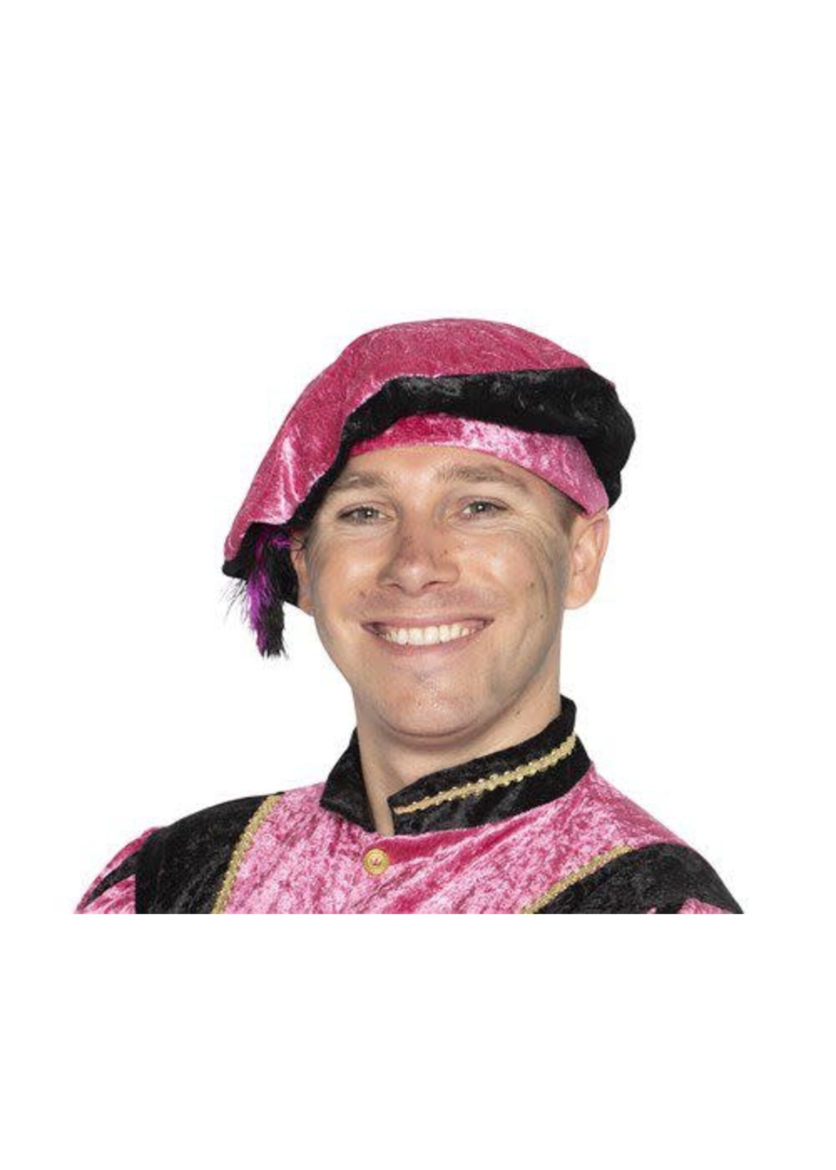 Feestkleding Breda Pietbaret velour met struisveer roze