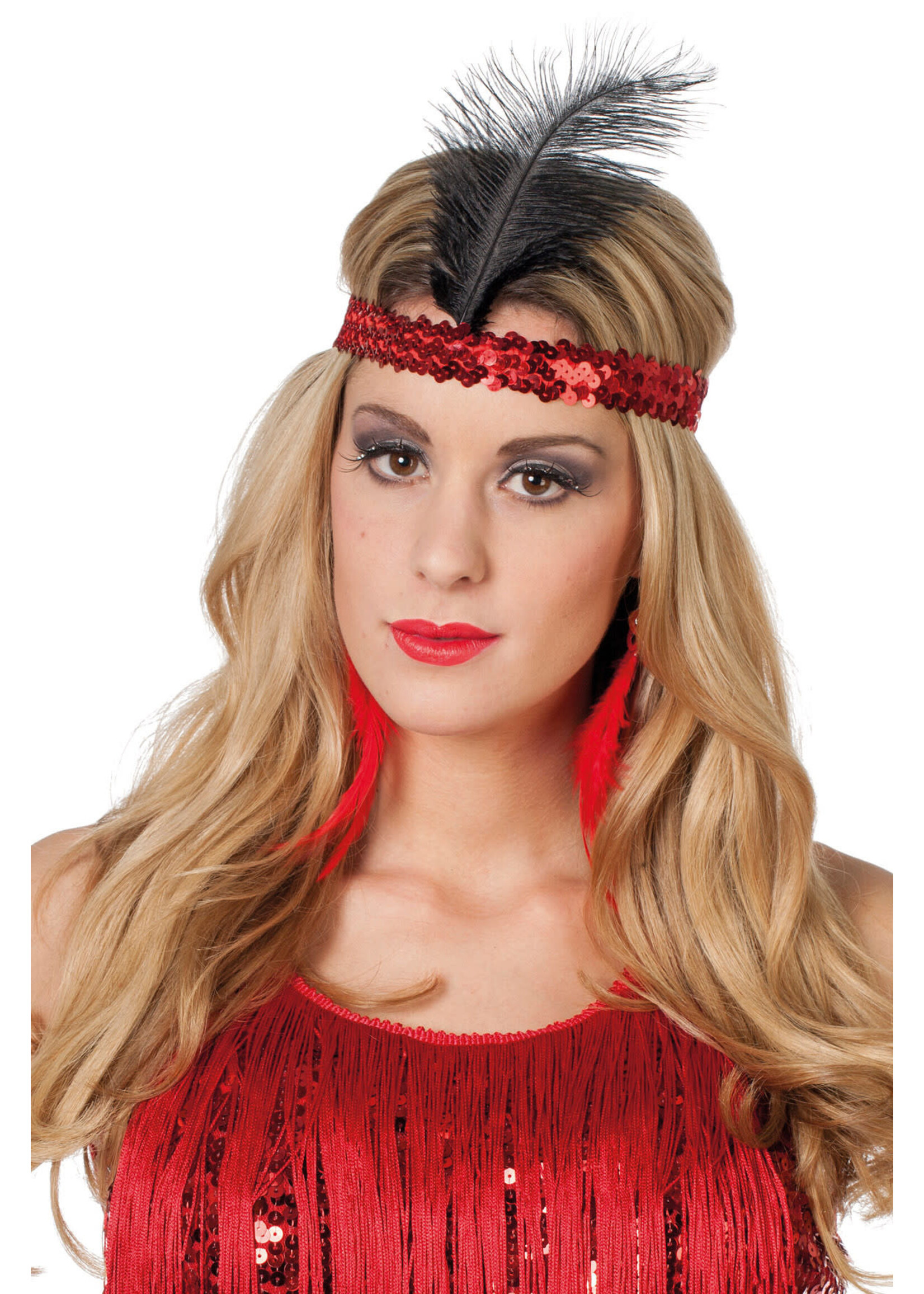 Feestkleding Breda Charleston hoofdband met veer rood
