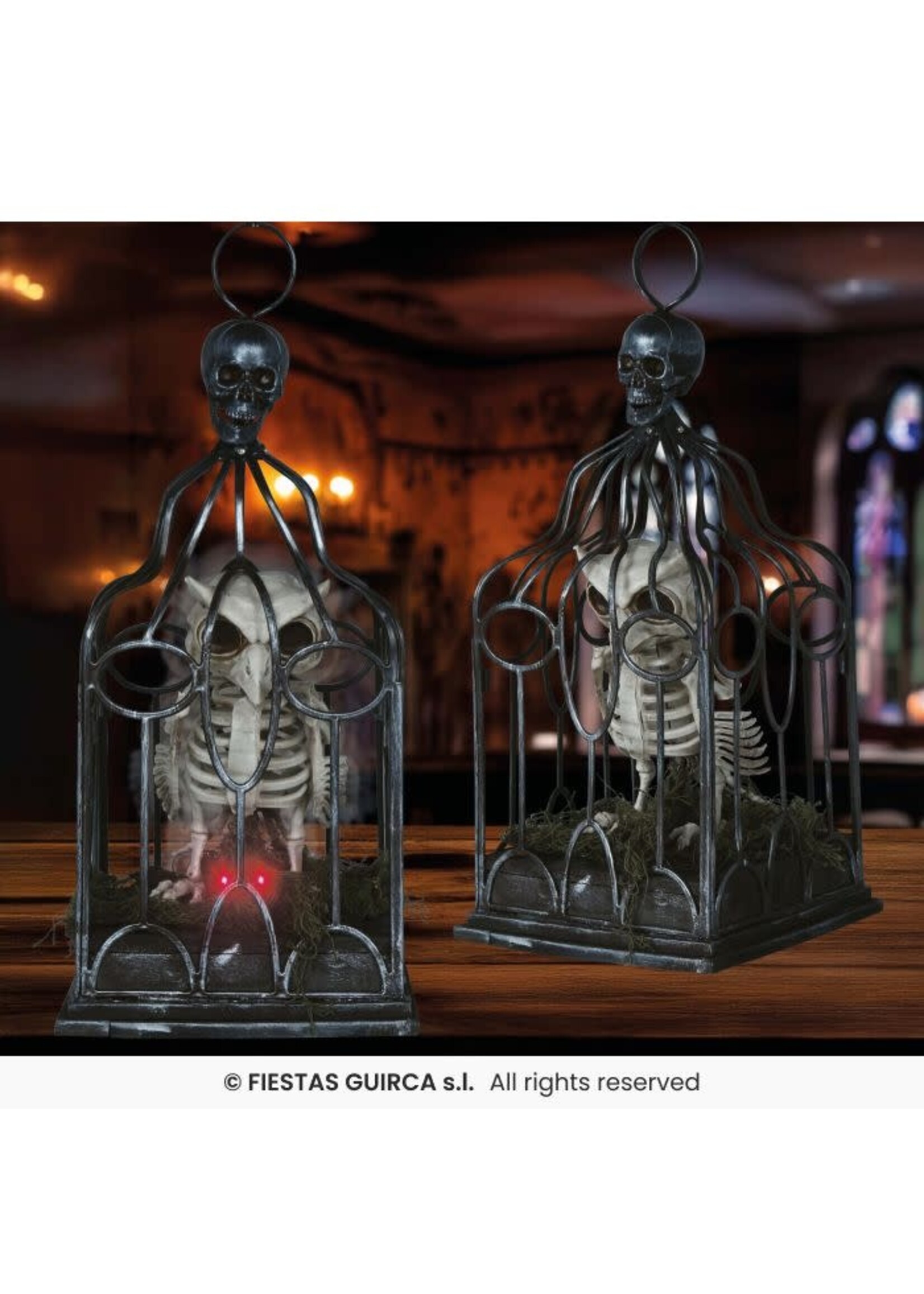 Fiestas Guirca Skelet uil in kooi met licht, geluid en beweging