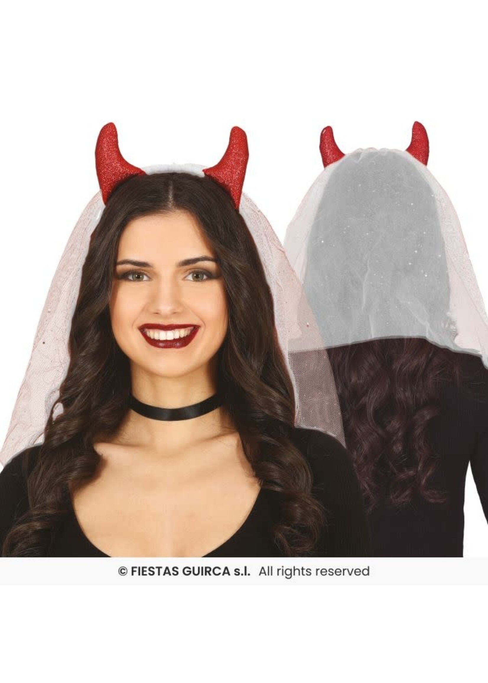 Fiestas Guirca Rode duivel diadeem met witte sluier