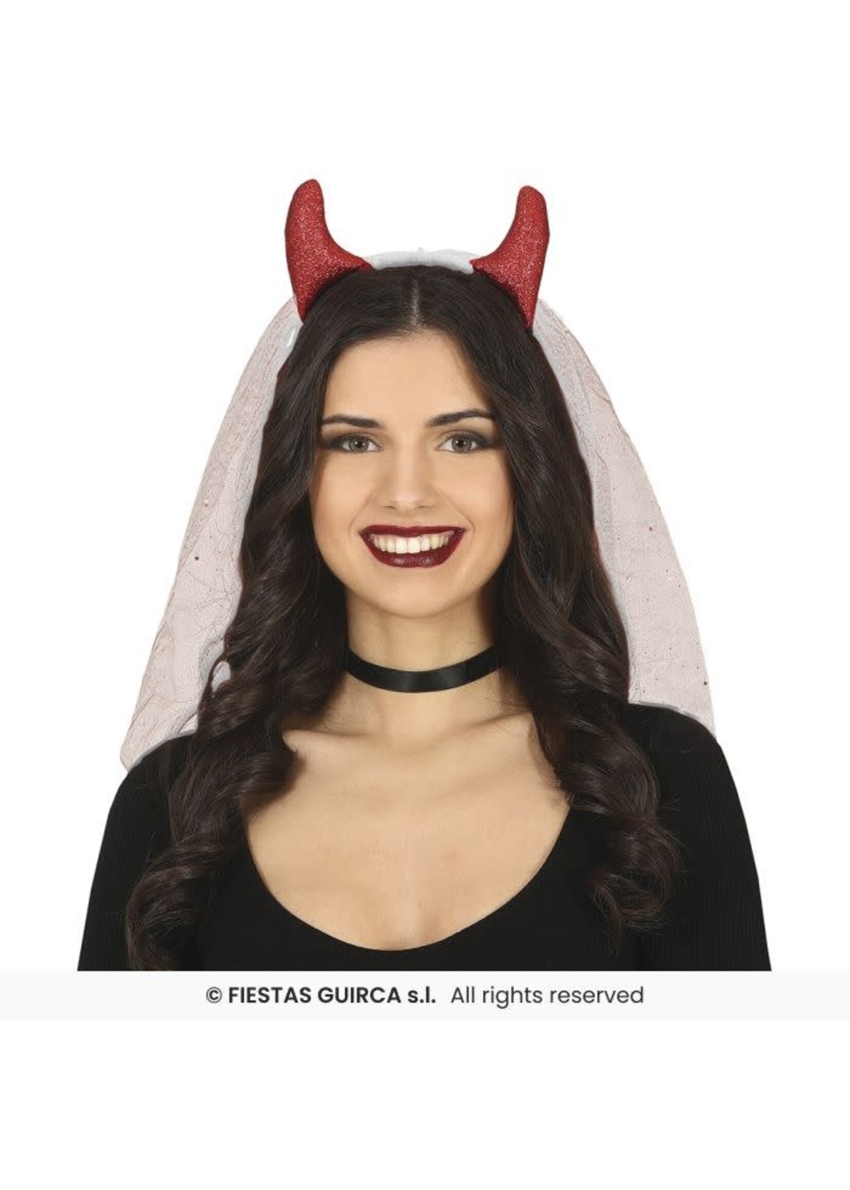 Fiestas Guirca Rode duivel diadeem met witte sluier