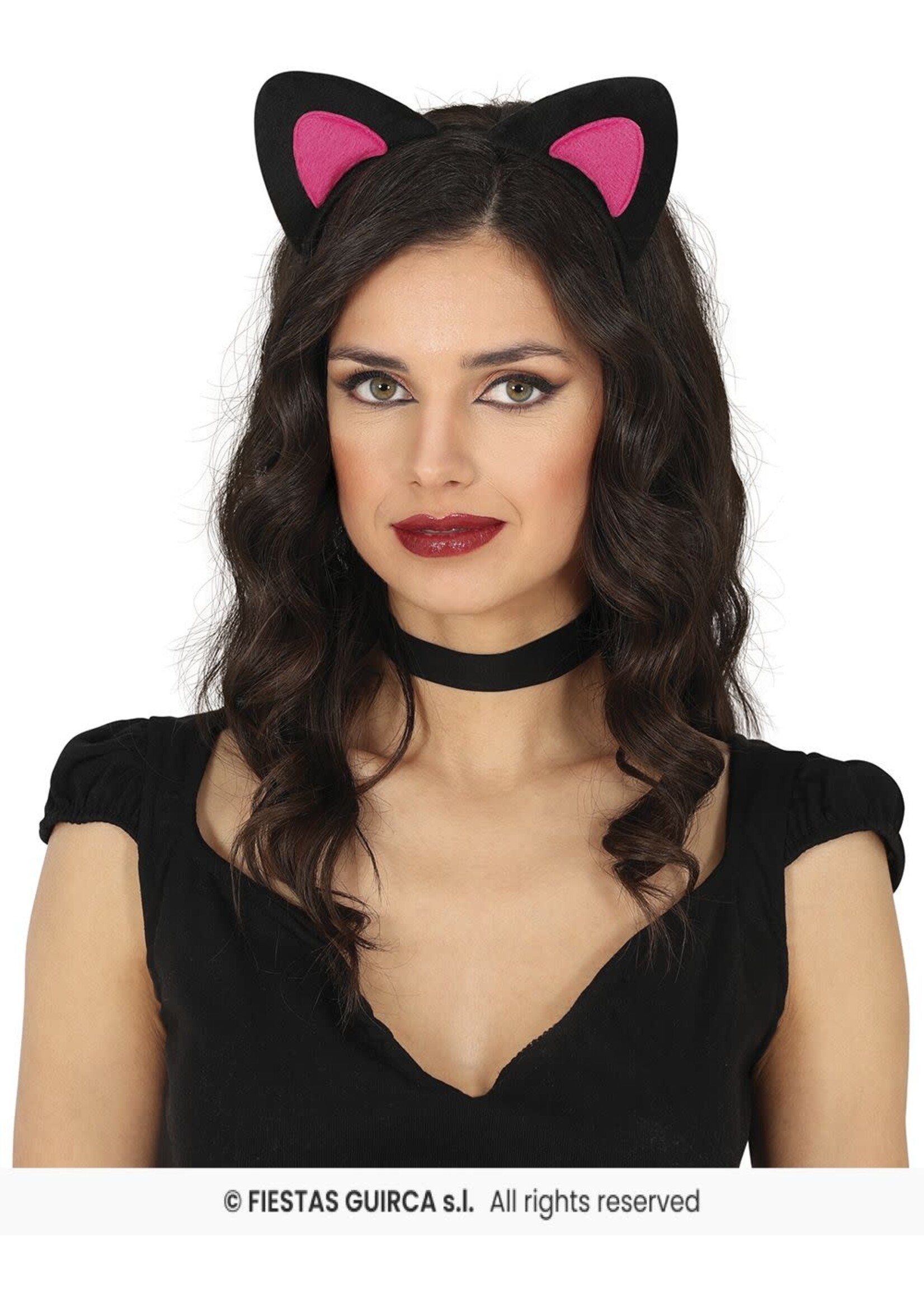 Fiestas Guirca Zwart-roze diadeem met kattenoortjes