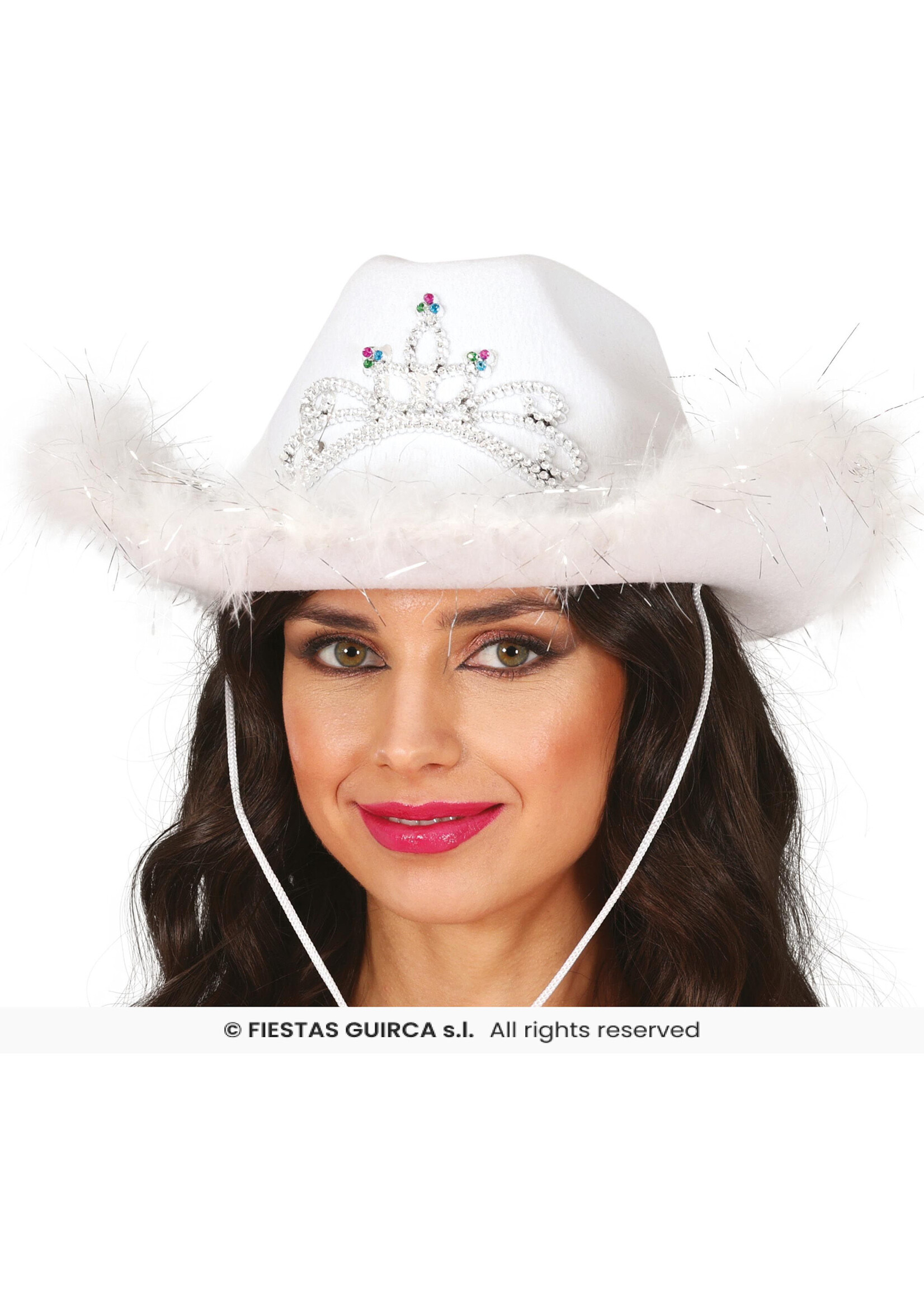 Fiestas Guirca Witte cowboyhoed met bontje en kroon