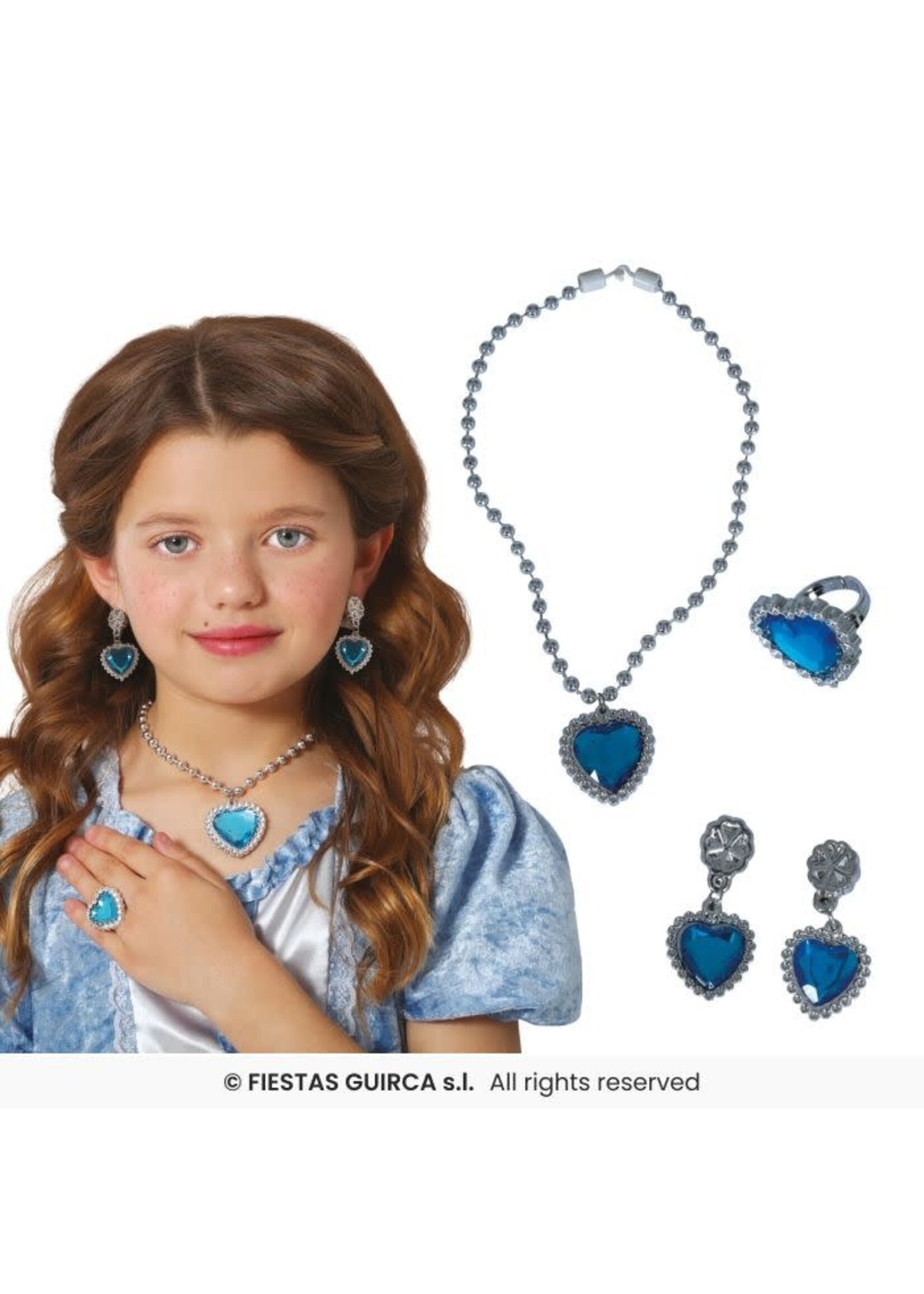 Fiestas Guirca Hartjesset (ketting, ring en oorbellen) Blauw