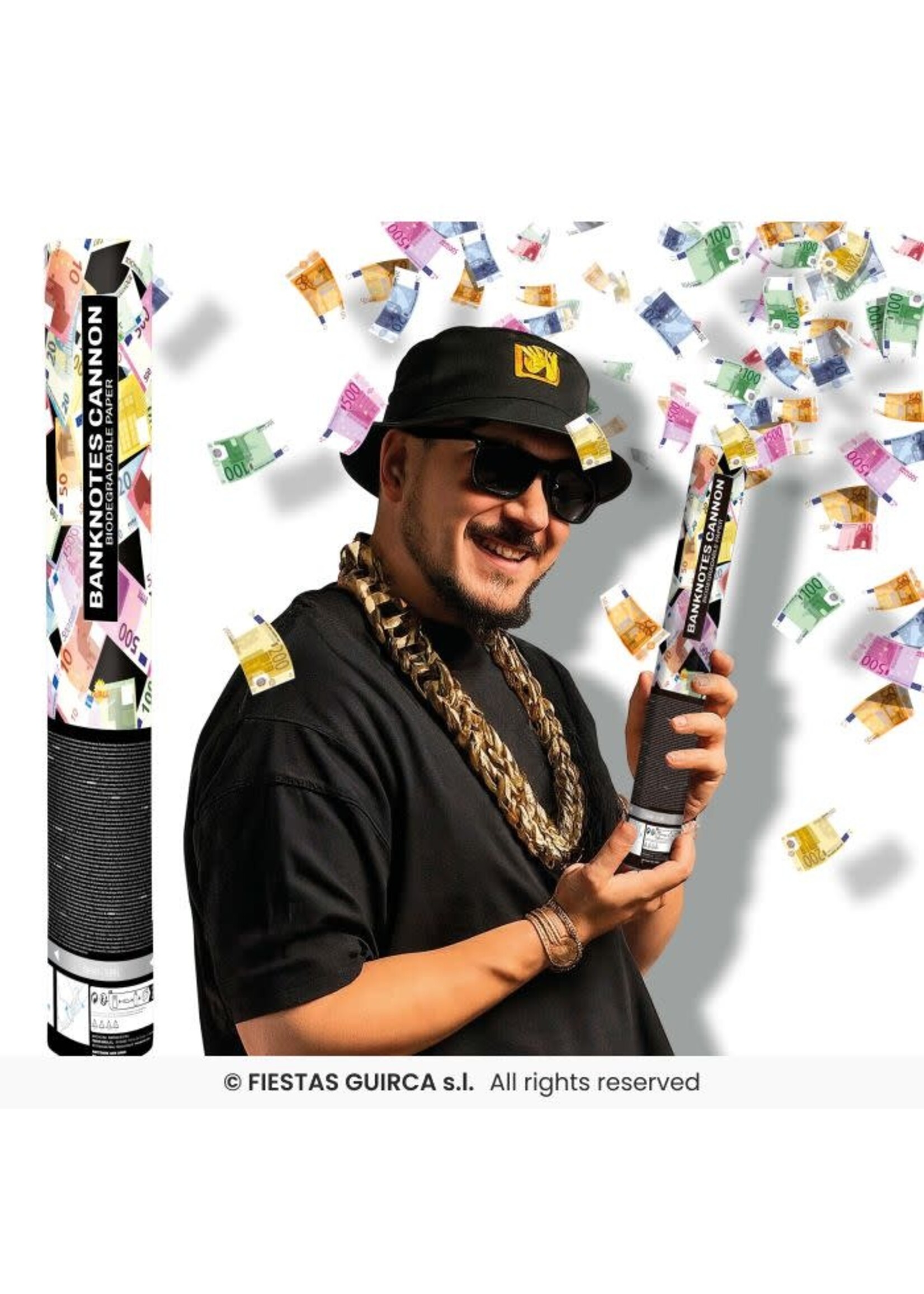 Fiestas Guirca Confettikanon van 40 cm met eurobankbiljetten