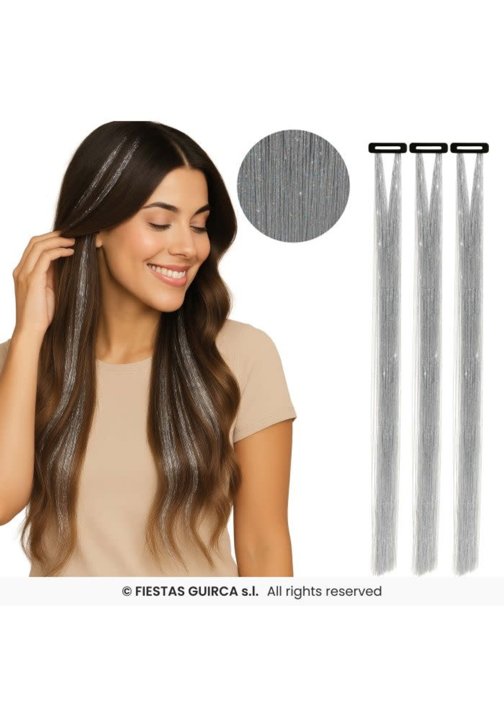 Fiestas Guirca 3 haarextensies met glitters, 50 cm Zilver