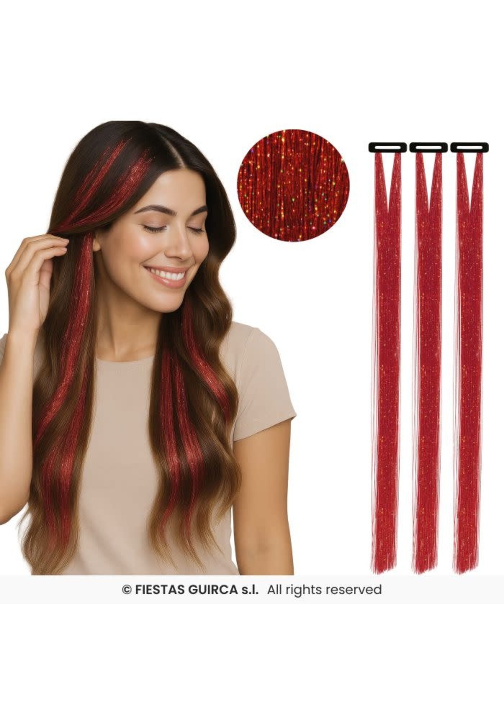 Fiestas Guirca 3 haarextensies met glitters, 50 cm Rood