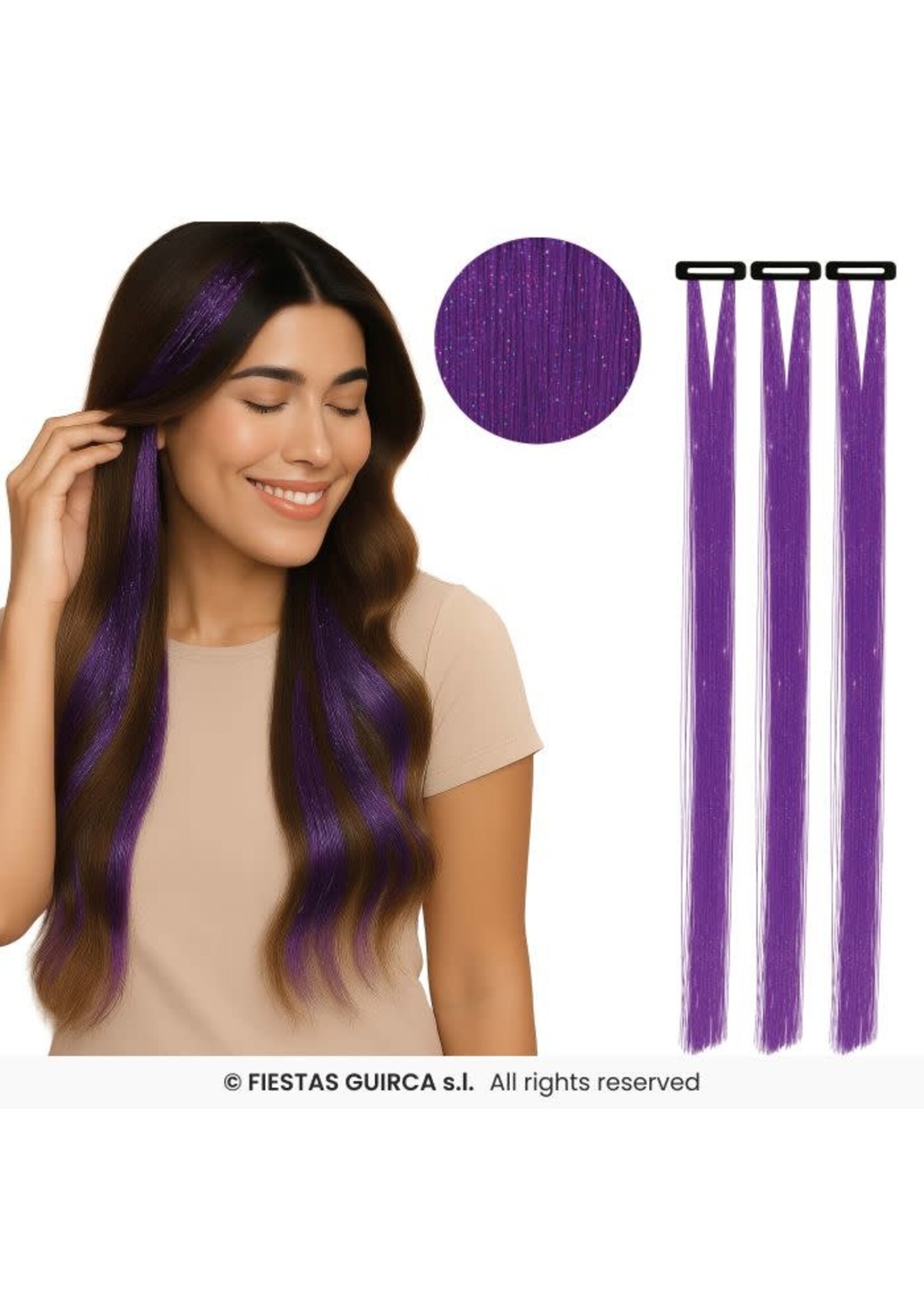 Fiestas Guirca 3 haarextensies met glitters, 50 cm Paars