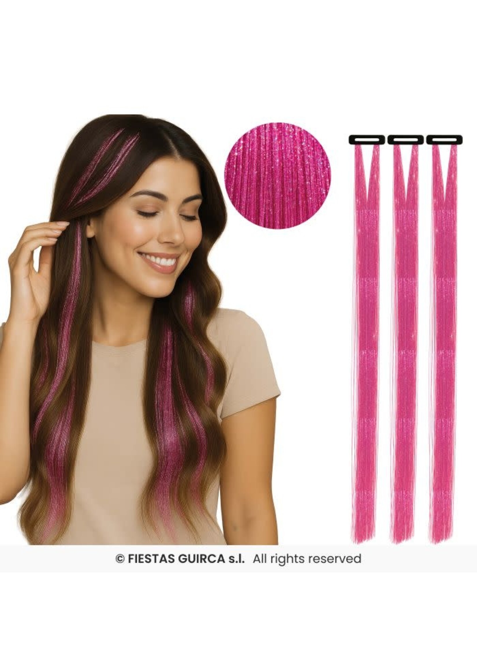 Fiestas Guirca 3 haarextensies met glitters, 50 cm Roze