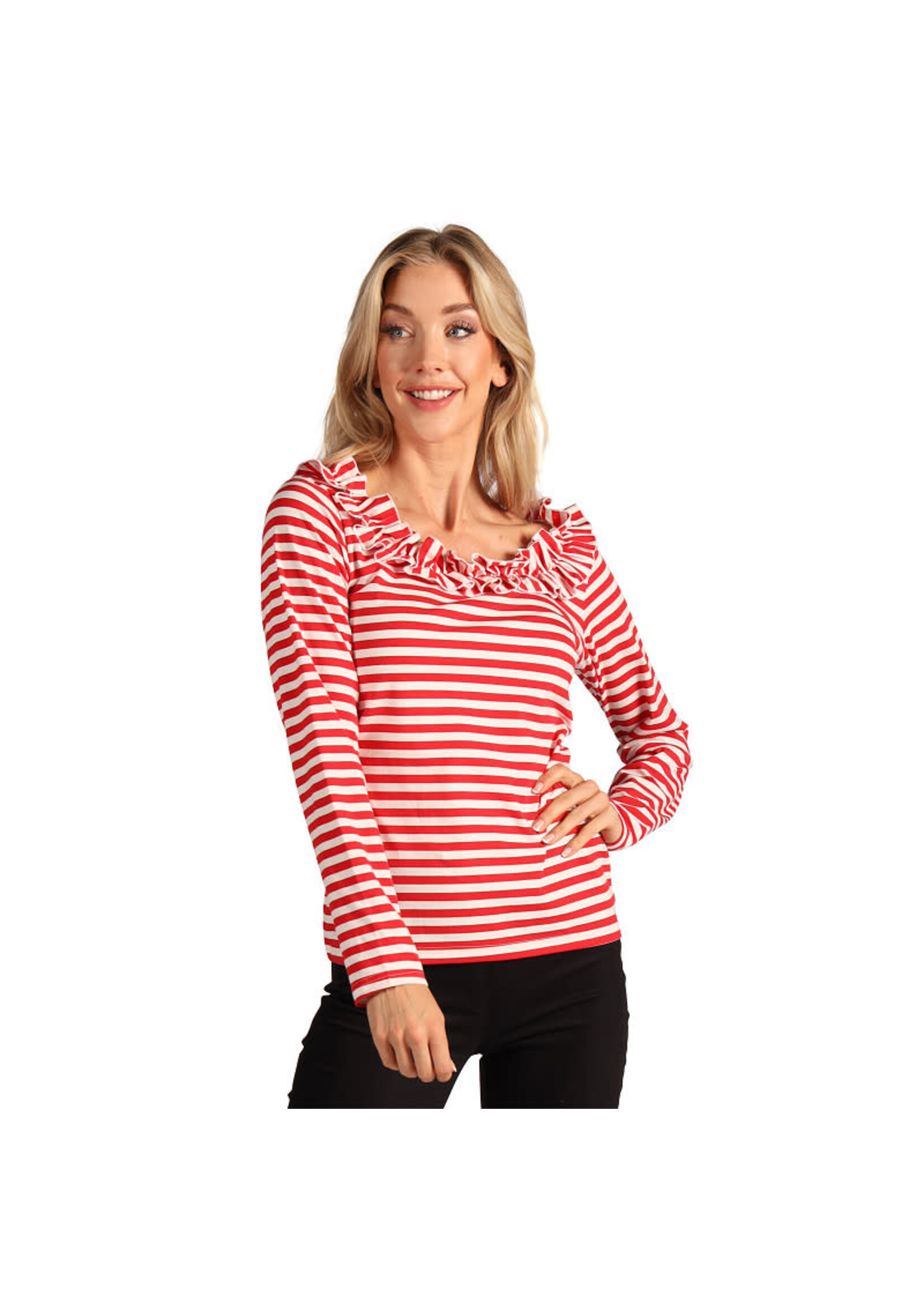 Thetru Gestreept damesshirt met ruschekraag Rood/wit