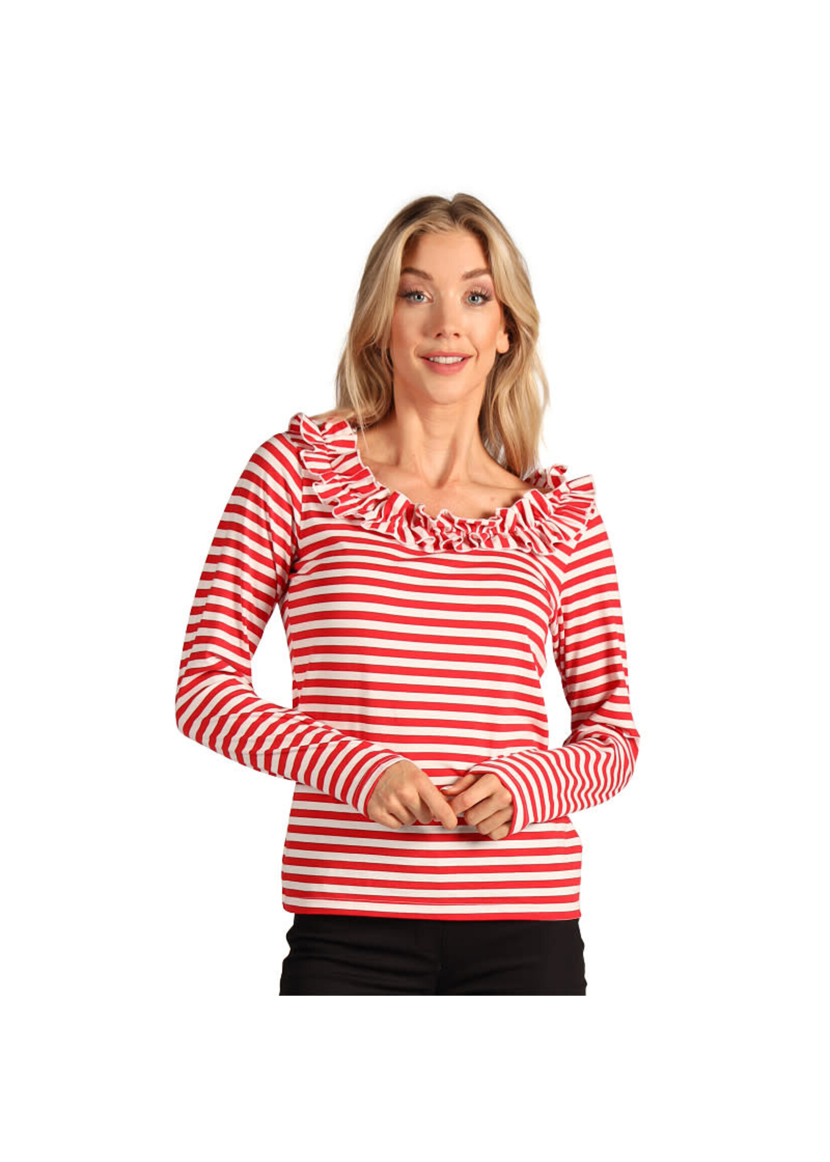 Thetru Gestreept damesshirt met ruschekraag Rood/wit