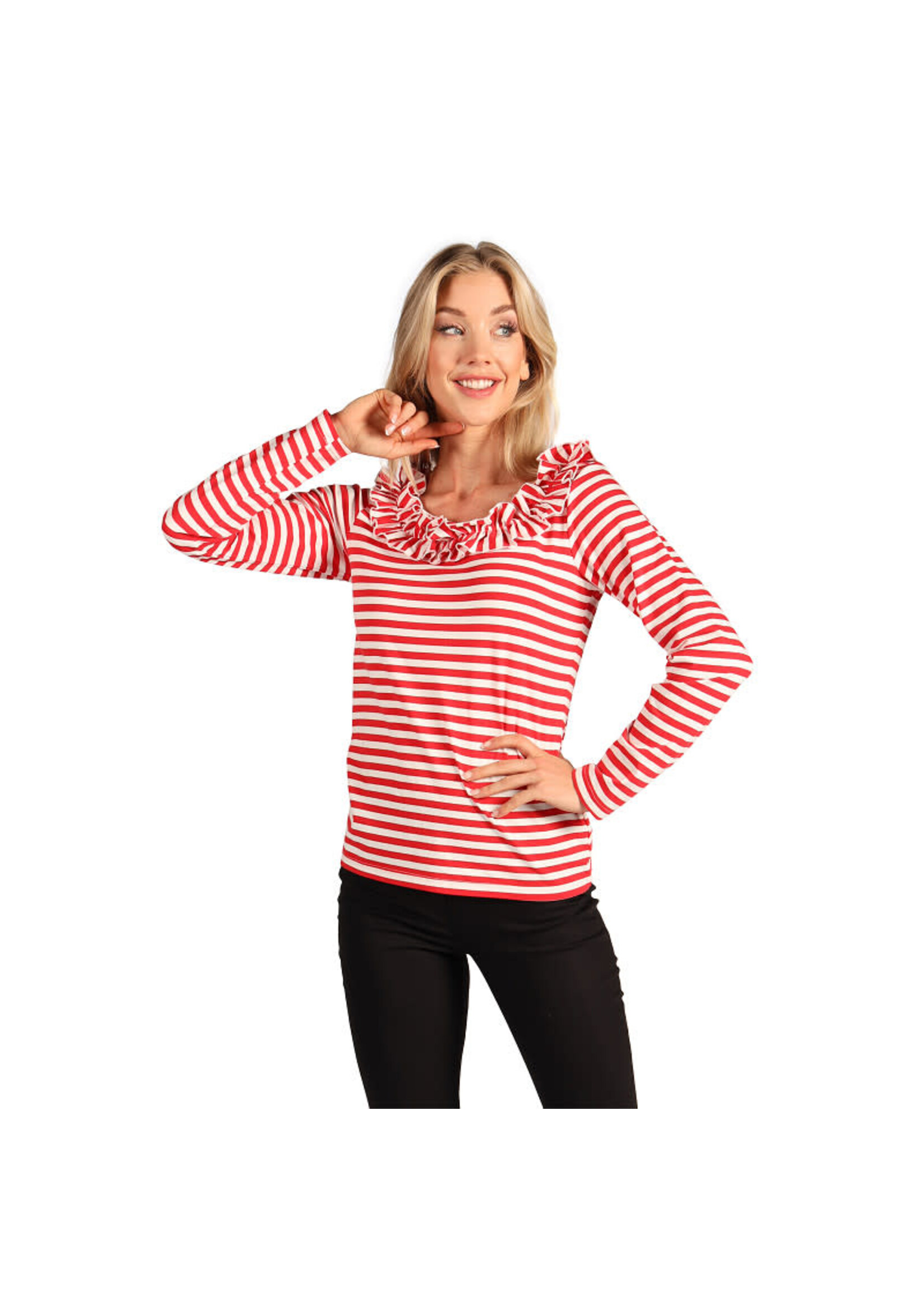 Thetru Gestreept damesshirt met ruschekraag Rood/wit