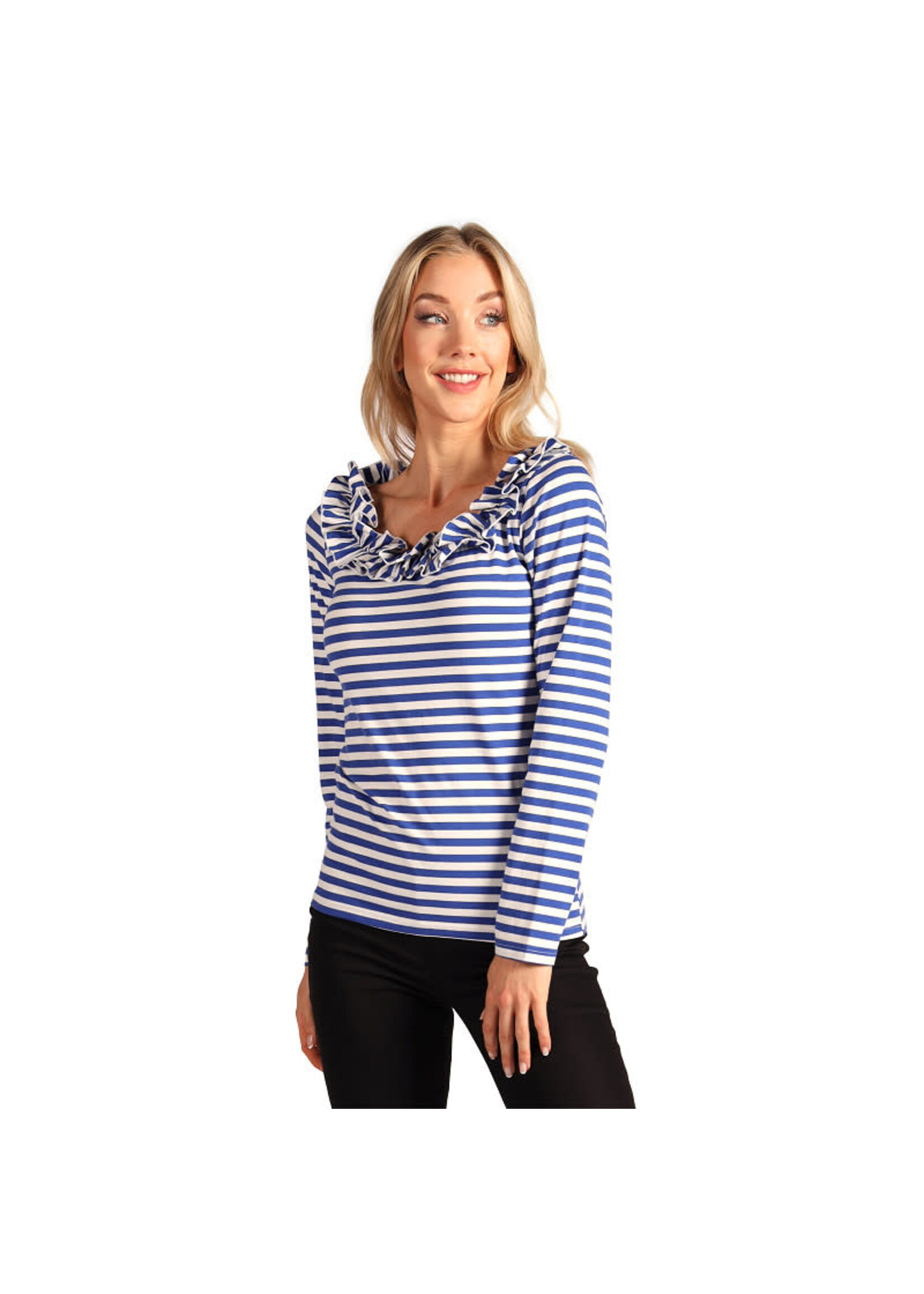 Thetru Gestreept damesshirt met ruschekraag Blauw/wit