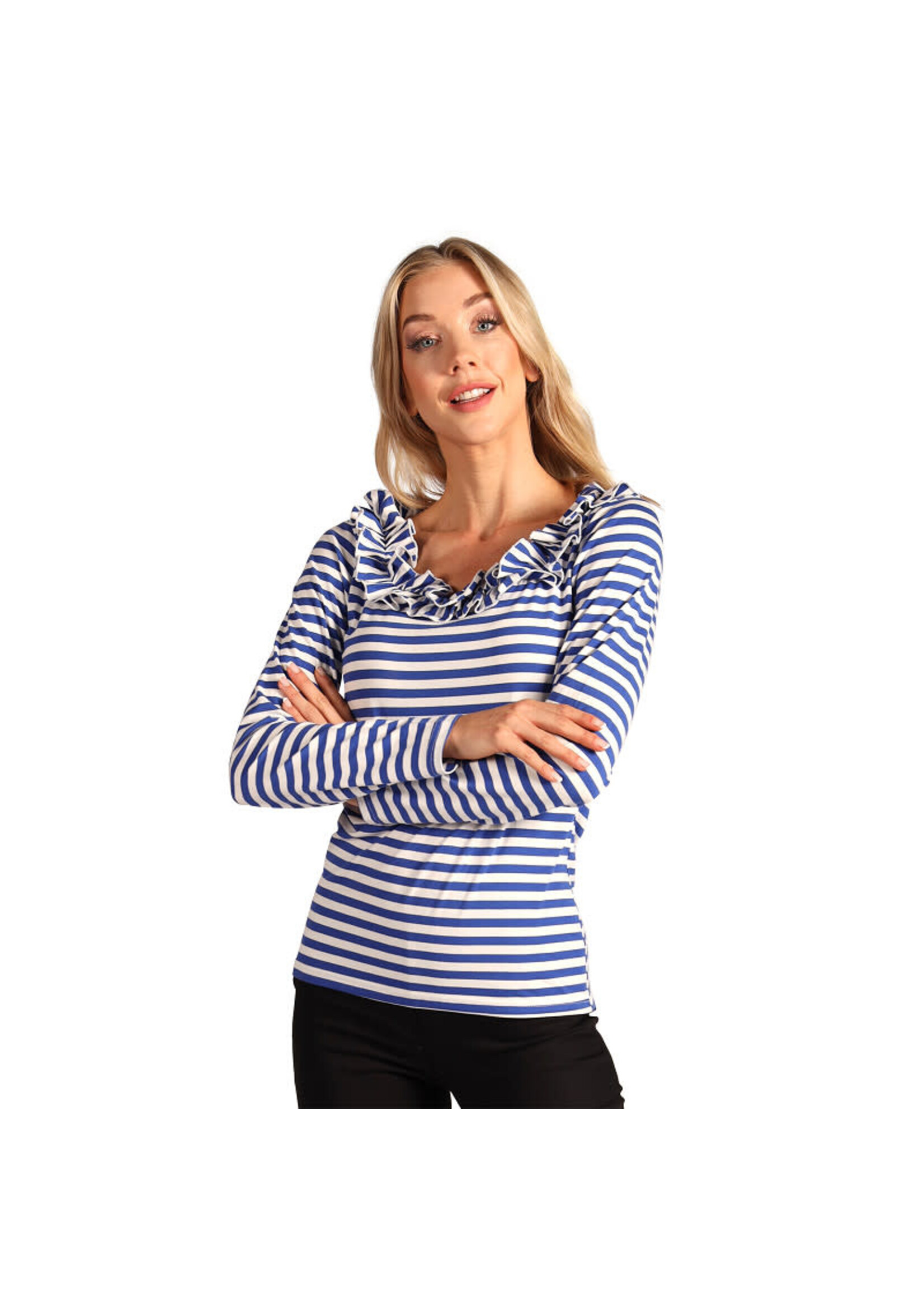Thetru Gestreept damesshirt met ruschekraag Blauw/wit