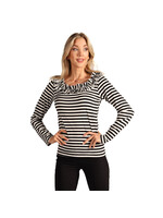 Thetru Gestreept damesshirt met ruschekraag Zwart/wit